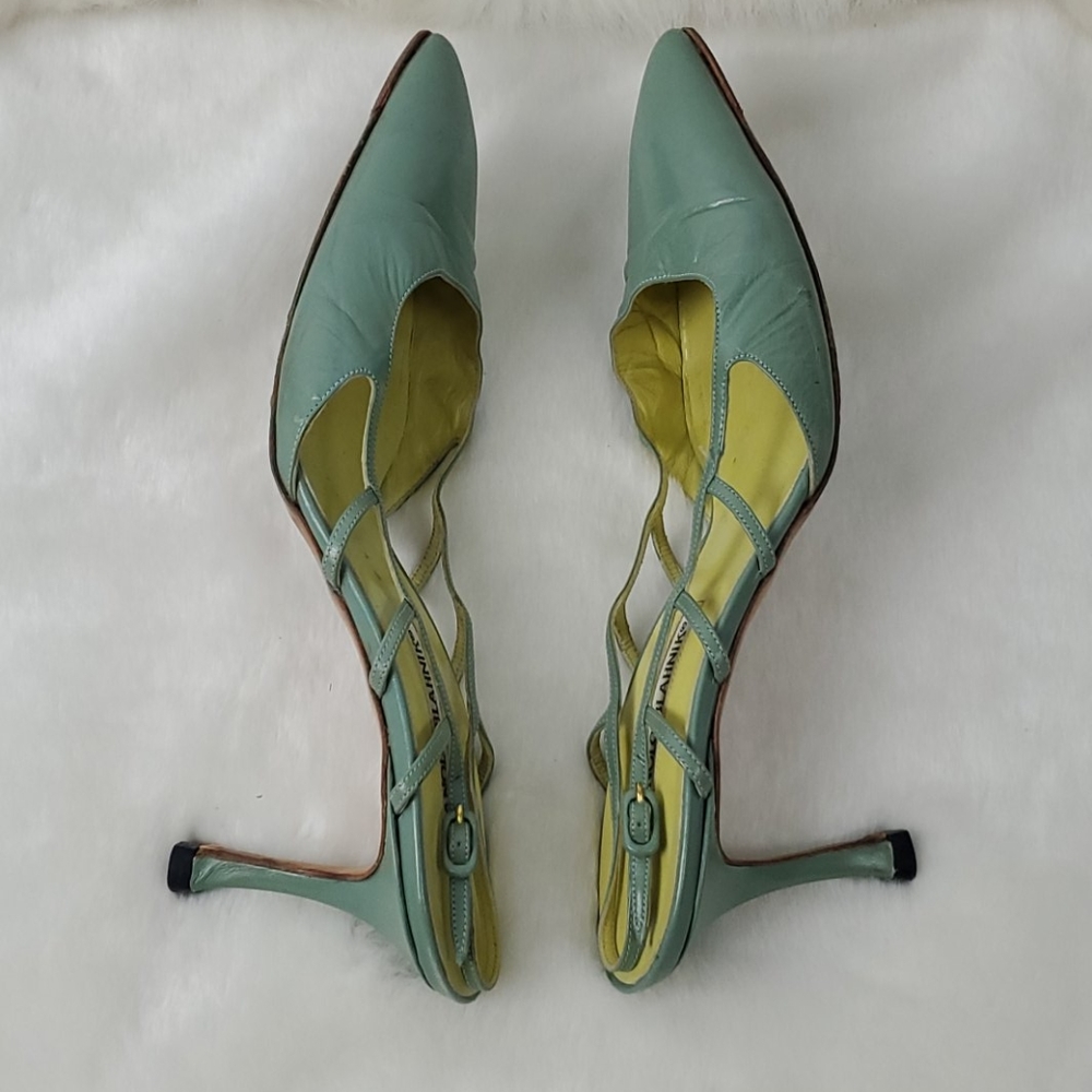 Manolo Blahnik green sling back shoes leather heel size 38 - Picture 6 of 14